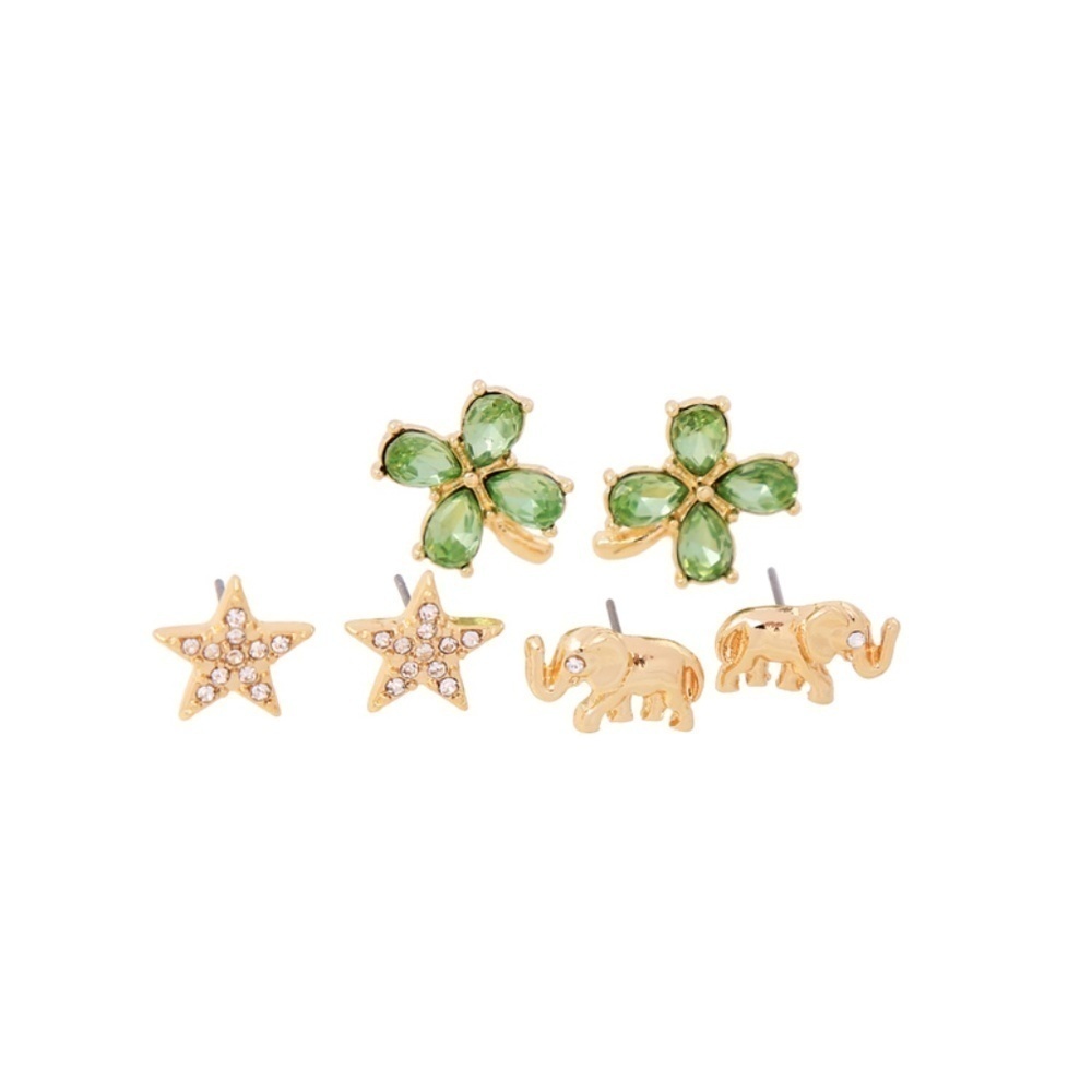 3-Pair Earring Set – Green Clover, Sparkling Star & Gold Elephant Studs